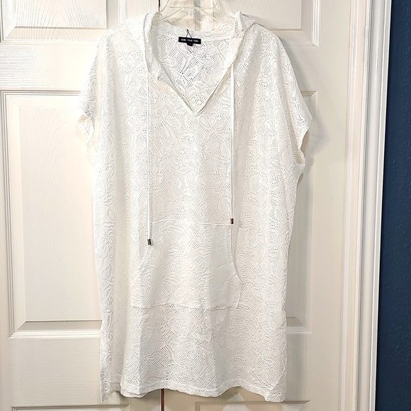 NWT CLUB Z Collection Beach White Lace Hoodie Drawstring Coverup 1X - Picture 1 of 16